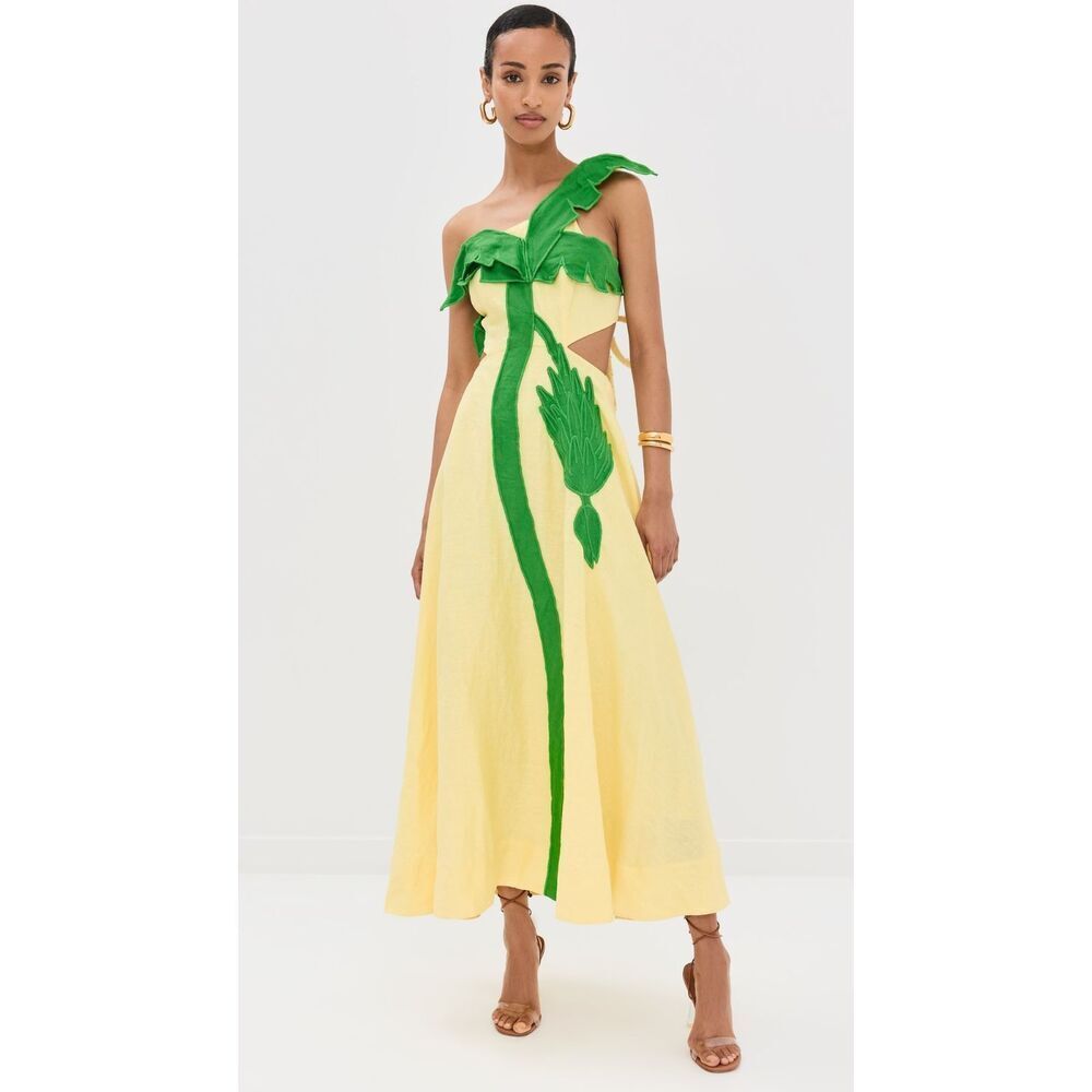 FARM Rio Palm Tree Cutwork Midi Dress Yellow XS NEW - Picture 2 of 10